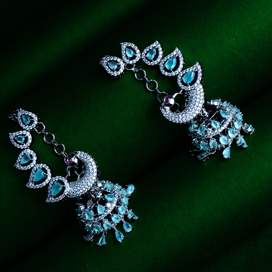 Seabreeze Sparkle Aqua Blue CZ Peacock Jhumka Earrings Detail Shot | Traditional Jewellery | Saajo