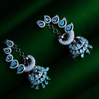 Seabreeze Sparkle Aqua Blue CZ Peacock Jhumka Earrings Detail Shot | Traditional Jewellery | Saajo
