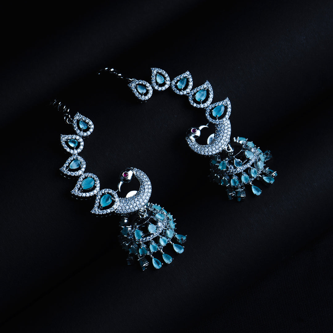 Seabreeze Sparkle Aqua Blue CZ Peacock Jhumka Earrings Styled Look | Indian Jewellery | Saajo
