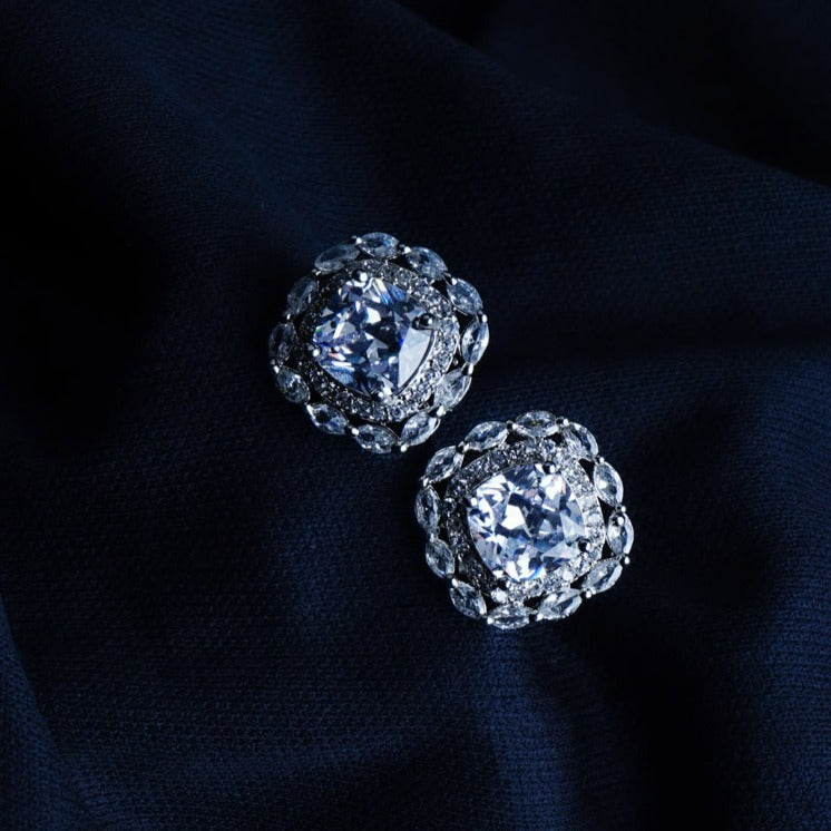 Subtle Glamour Clear Crystal CZ Stud Earrings Detail Shot | Traditional Jewellery | Saajo