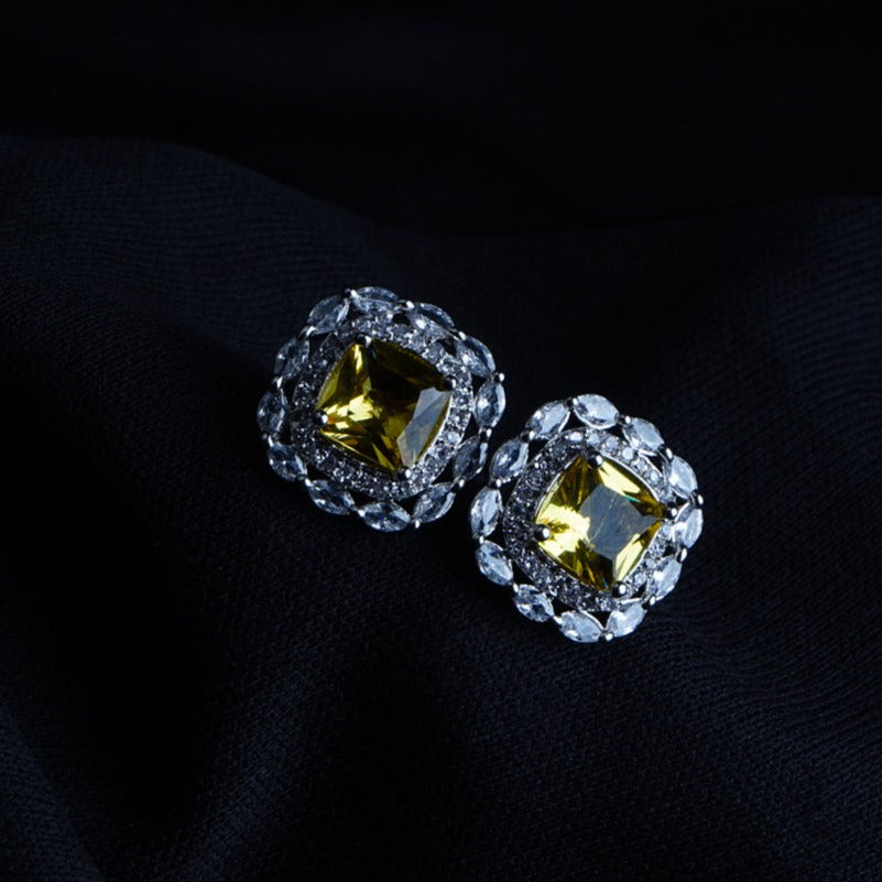 Subtle Glamour Amber Yellow CZ Stud Earrings Detail Shot | Traditional Jewellery | Saajo
