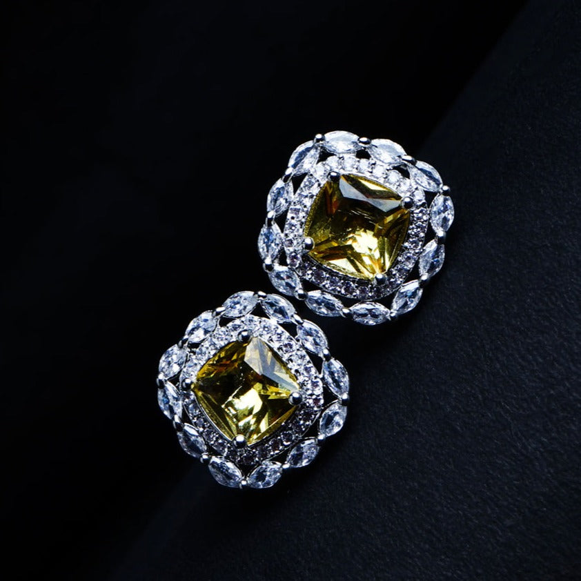 Subtle Glamour Amber Yellow CZ Stud Earrings | Premium Indian Jewellery | Saajo