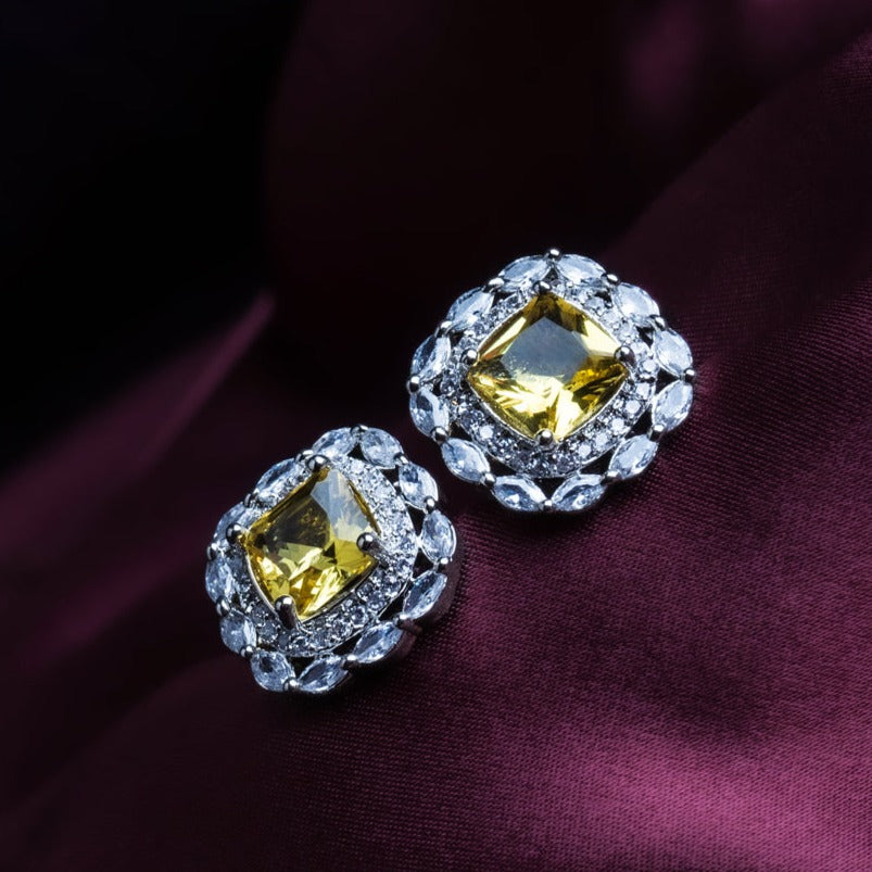 Subtle Glamour Amber Yellow CZ Stud Earrings Styled Look | Indian Jewellery | Saajo