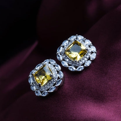 Subtle Glamour Amber Yellow CZ Stud Earrings Styled Look | Indian Jewellery | Saajo