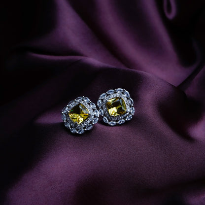 Subtle Glamour Amber Yellow CZ Stud Earrings Close Up | Indian Jewellery | Saajo