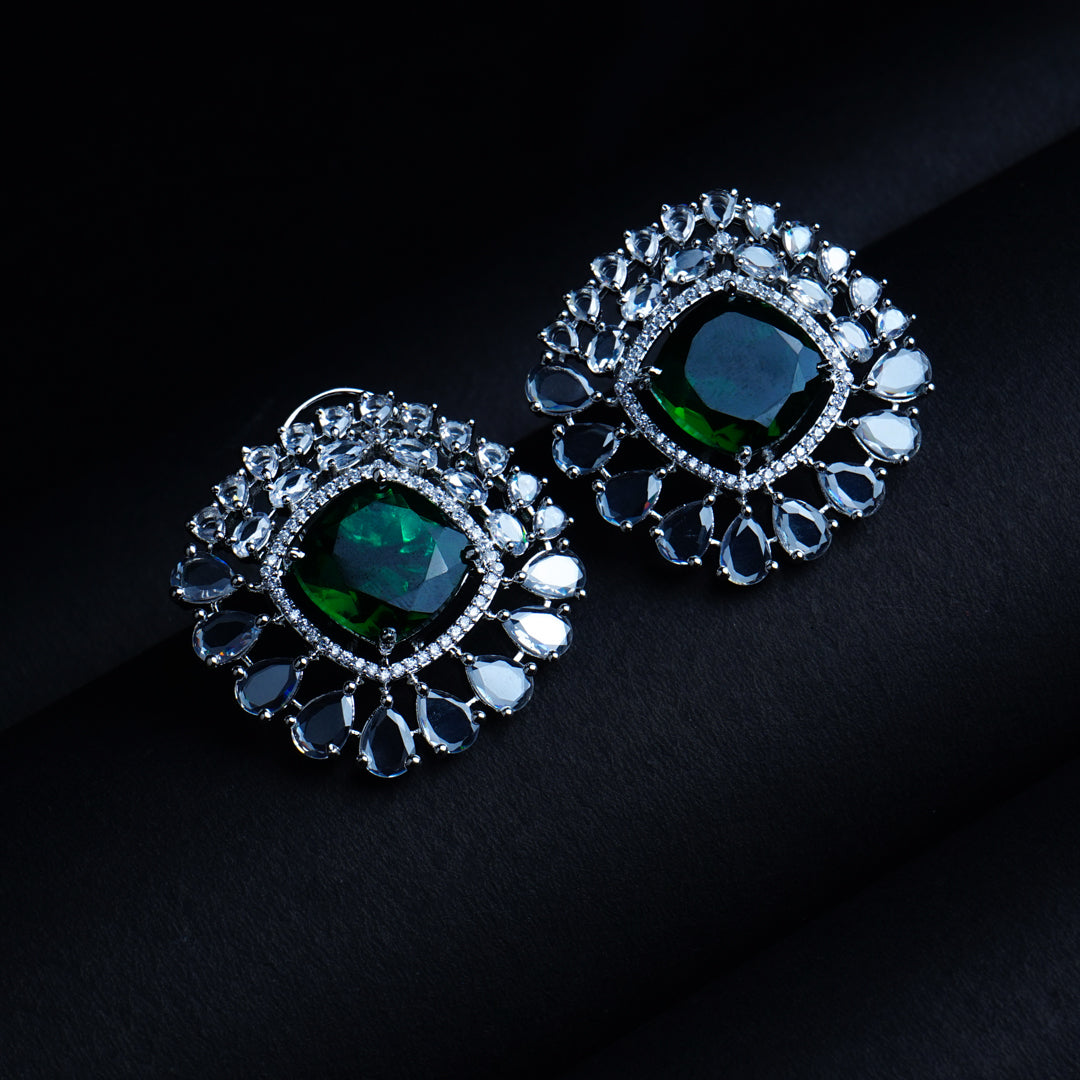 Enchanted Evergreen Emerald Green CZ Stud Earrings Styled Look | Indian Jewellery | Saajo