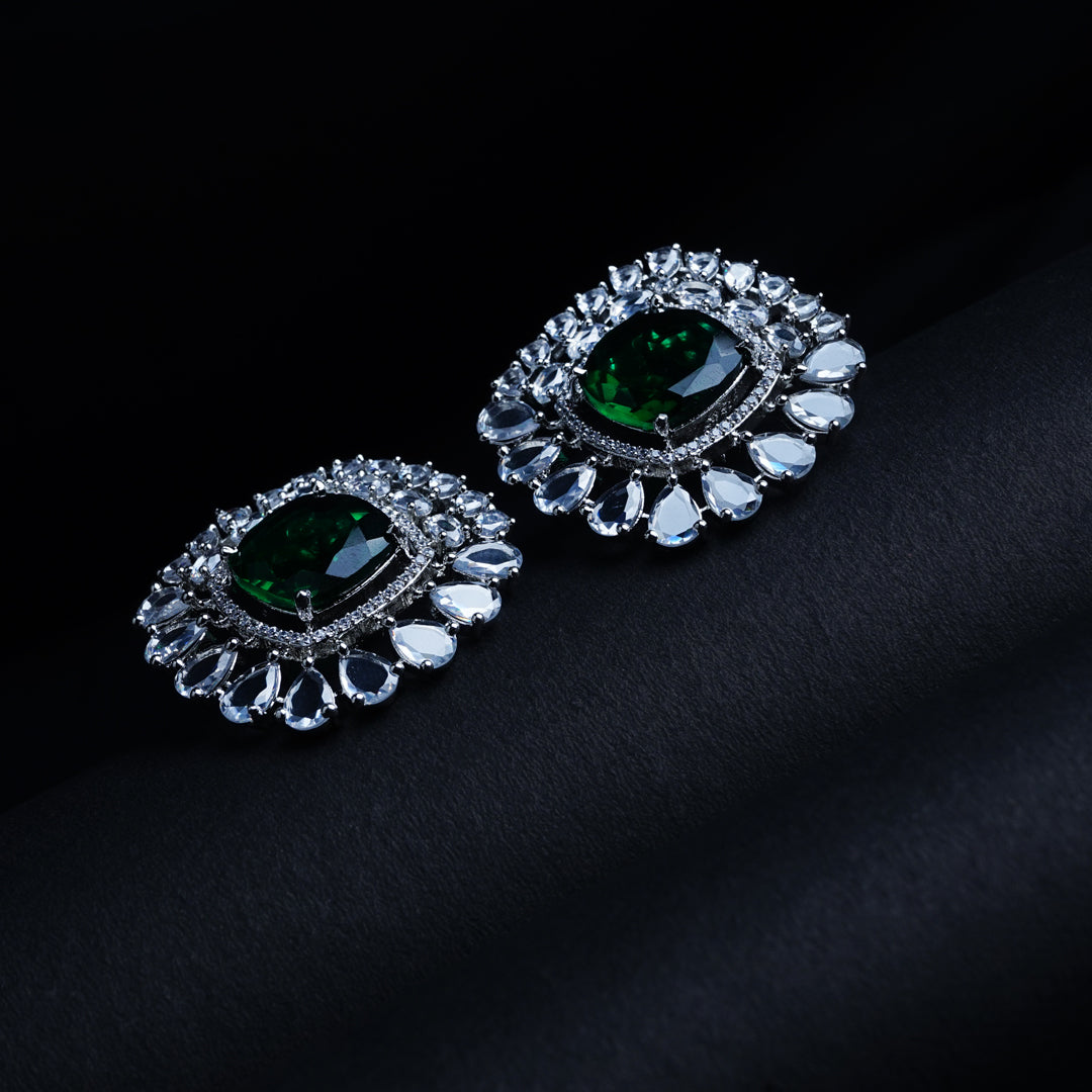Enchanted Evergreen Emerald Green CZ Stud Earrings Detail Shot | Traditional Jewellery | Saajo