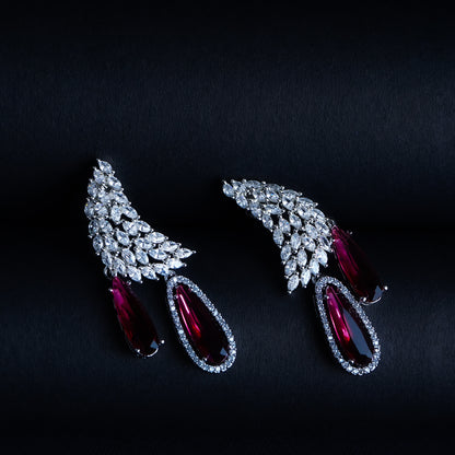 Phoenix Rising Crimson Red CZ Dangler Earrings Detail Shot | Traditional Jewellery | Saajo