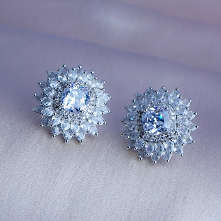 Twilight Serenade Clear CZ Stud Earrings Close Up | Indian Jewellery | Saajo