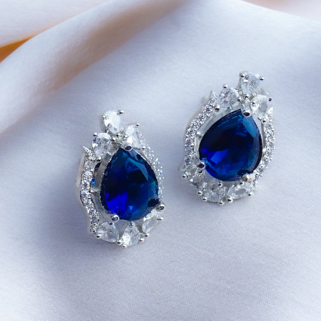Executive Powerhouse Royal Blue CZ Stud Earrings Styled Look | Indian Jewellery | Saajo