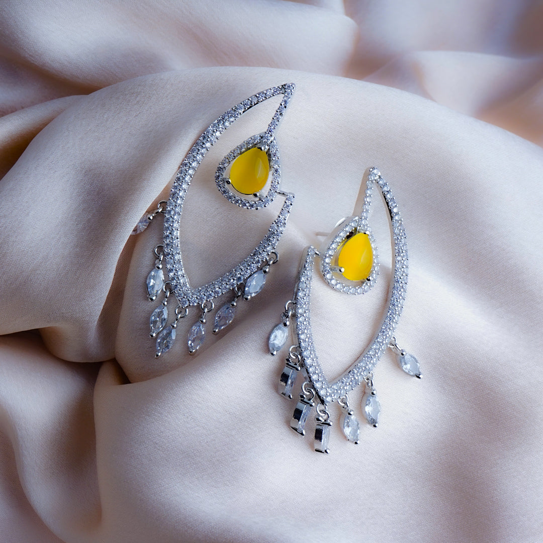 Mystical Hoots Sunshine Yellow CZ Dangler Earrings Detail Shot | Traditional Jewellery | Saajo