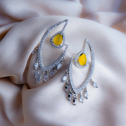 Mystical Hoots Sunshine Yellow CZ Dangler Earrings Detail Shot | Traditional Jewellery | Saajo