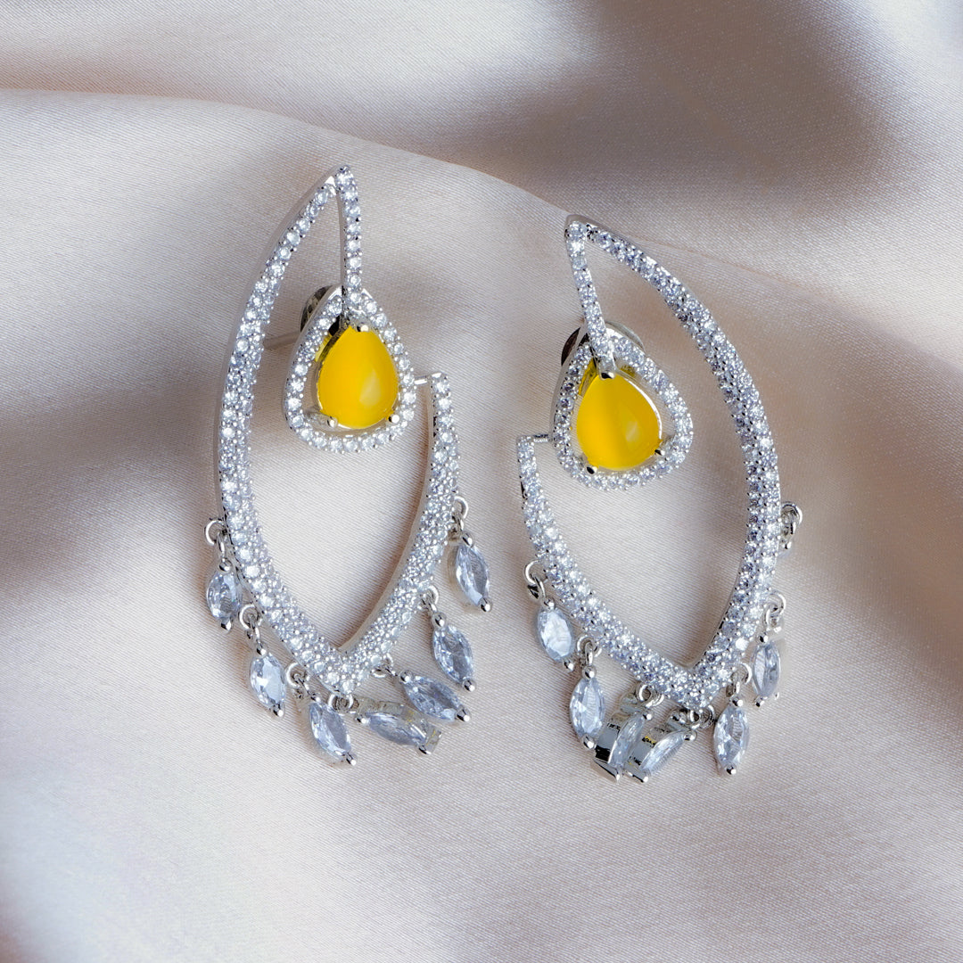 Mystical Hoots Sunshine Yellow CZ Dangler Earrings Styled Look | Indian Jewellery | Saajo