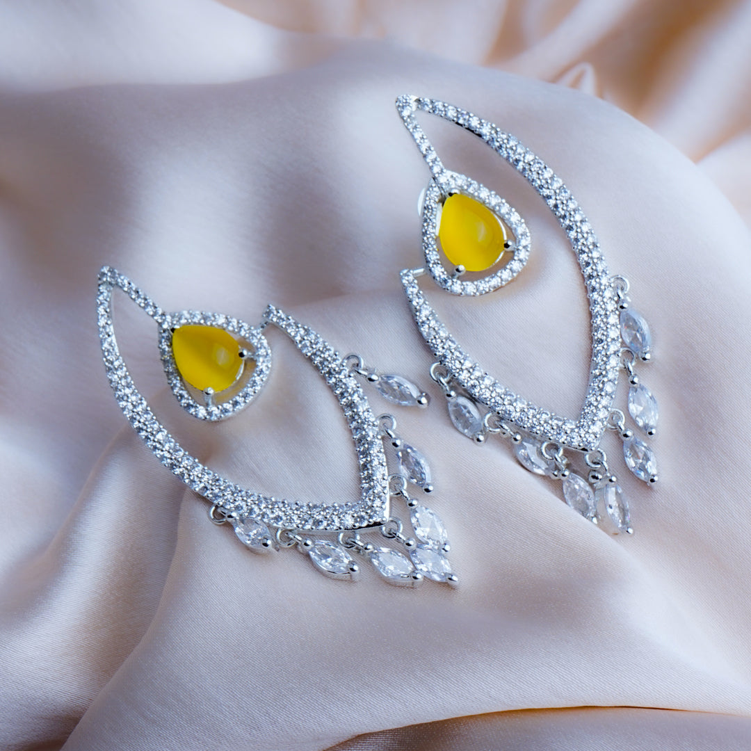 Mystical Hoots Sunshine Yellow CZ Dangler Earrings Close Up | Indian Jewellery | Saajo
