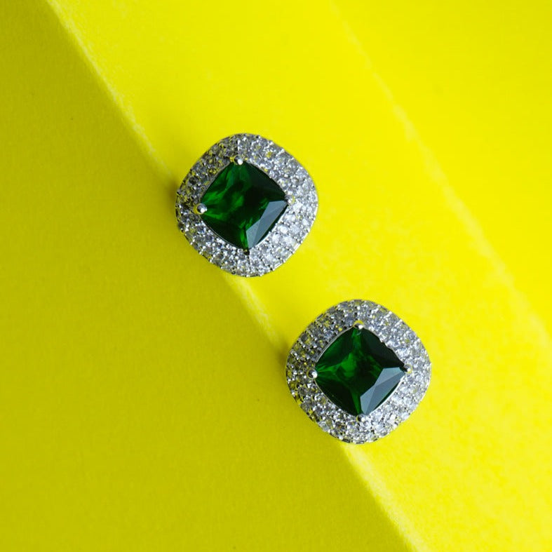Chic Essentials Emerald Green CZ Stud Earrings Detail Shot | Traditional Jewellery | Saajo
