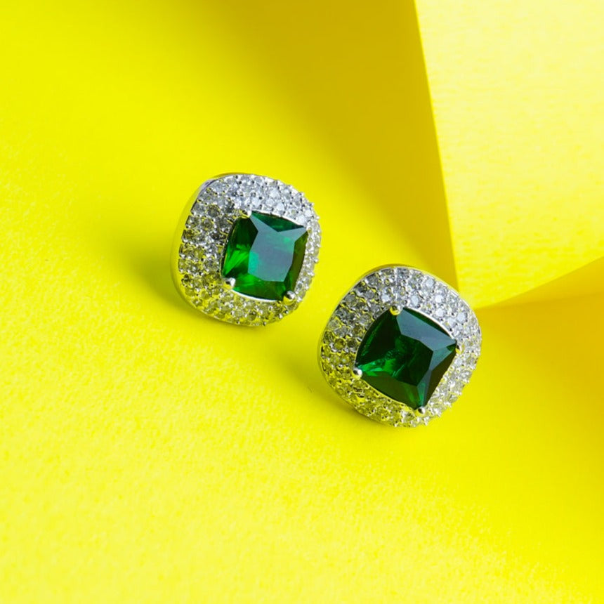 Chic Essentials Emerald Green CZ Stud Earrings Styled Look | Indian Jewellery | Saajo