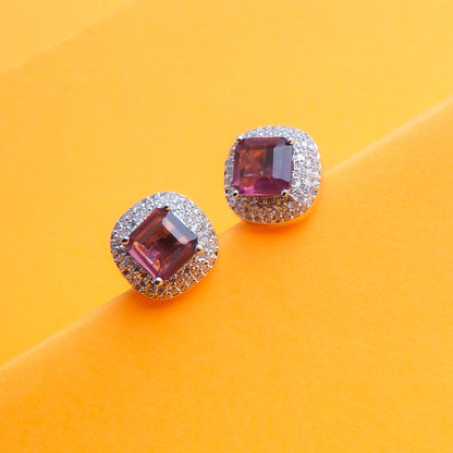 Chic Essentials Purple Pink CZ Stud Earrings Close Up | Indian Jewellery | Saajo