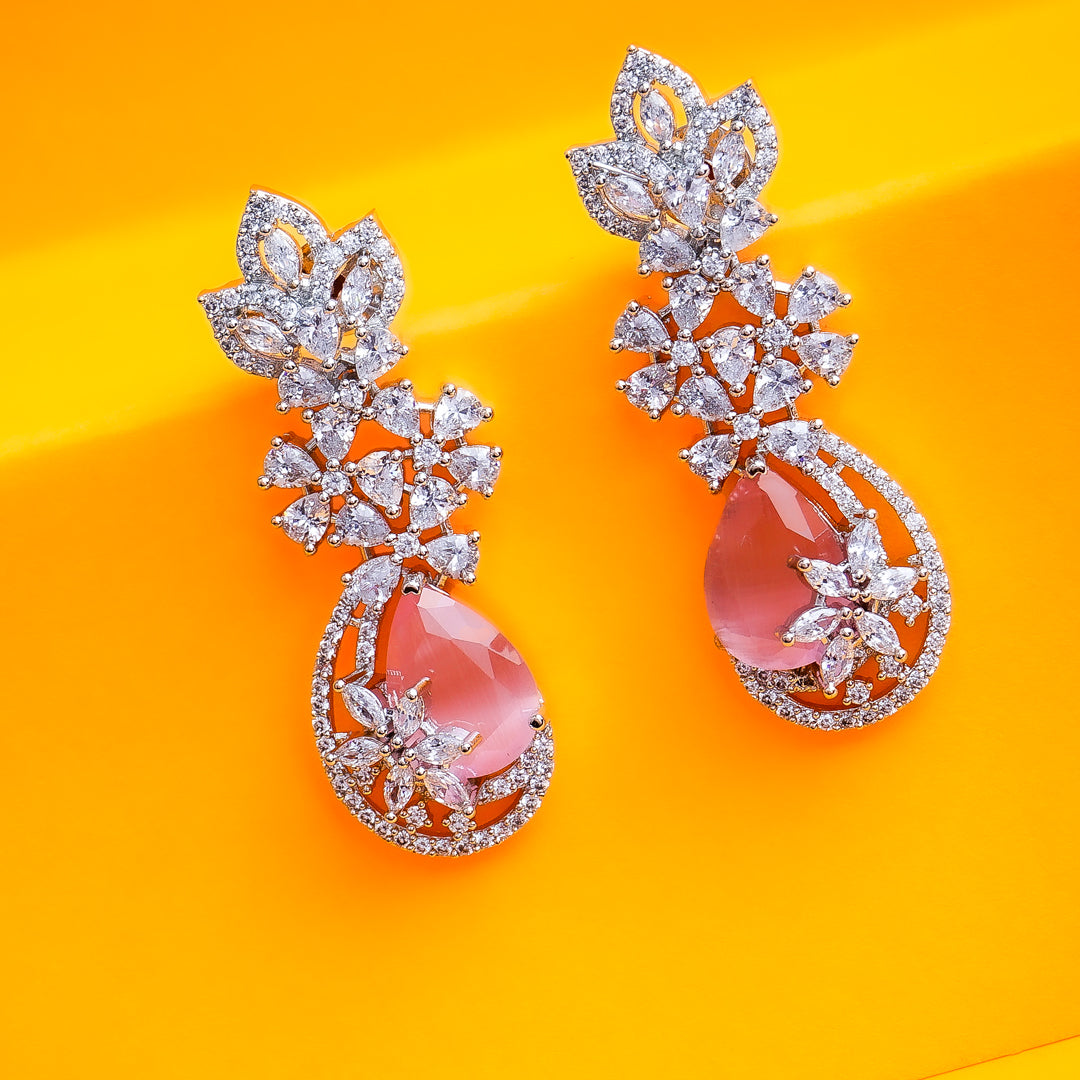Rose Twilight Blush Pink CZ Drop Earrings Close Up | Indian Jewellery | Saajo