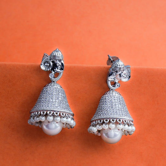 Ganesha Ethnic Fusion Pearl & CZ Jhumka Earrings | Premium Indian Jewellery | Saajo