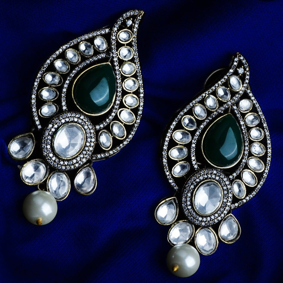 Diwali Dazzler Dark Green & White Kundan Earrings | Premium Indian Jewellery | Saajo