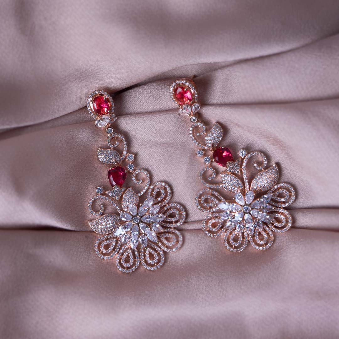 Festive Fling Rose Gold Crimson Red CZ Dangler Earrings Detail Shot | Traditional Jewellery | Saajo