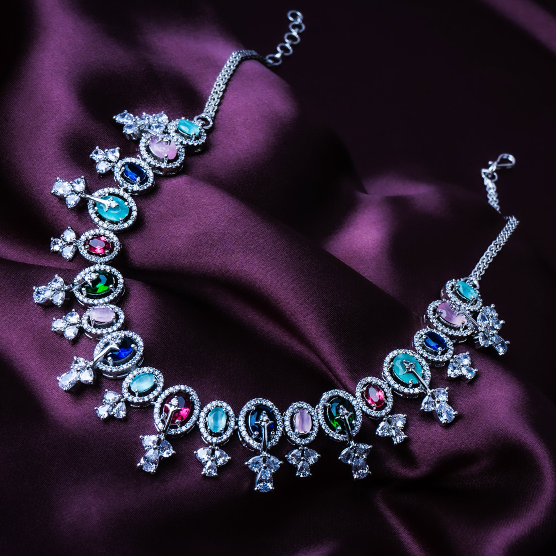 Vibrant Vortex Multicolor Choker American Diamond Necklace Set Detail Shot | Traditional Jewellery | Saajo